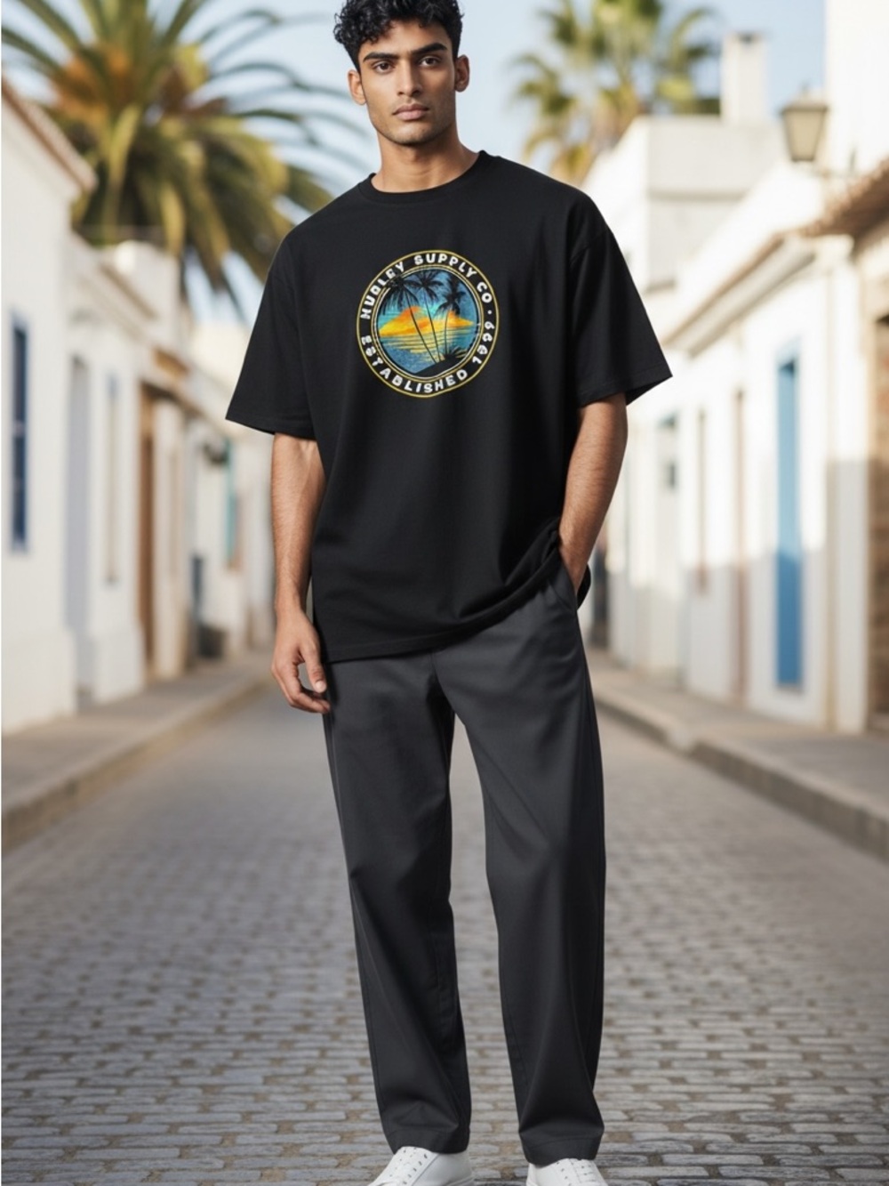🌴 Hurley Sunset Graphic Tee – Black – Men’s Large | Clean Surf Style